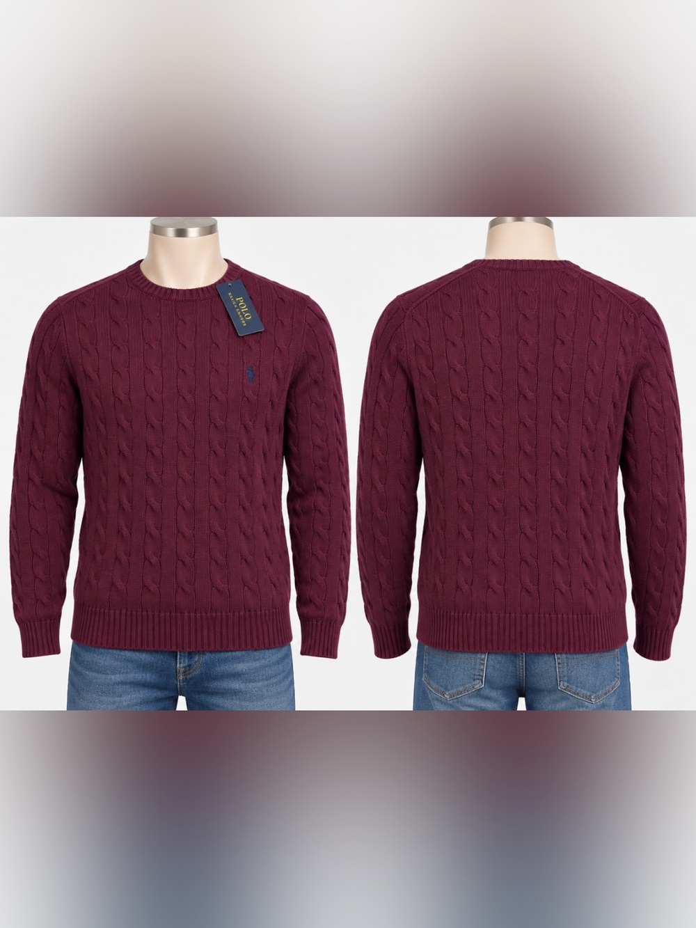 Polo Ralph Lauren Cable-Knit cotton Sweater Crewneck in burgundy